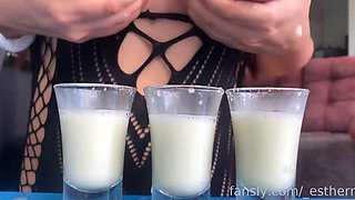 Filling Three Glasses with Fresh Breast Milk From My Full Breasts