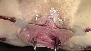 Far Spread Pussy Even Further Open and with Dildo Working Close up, Looking Inside and Squirt