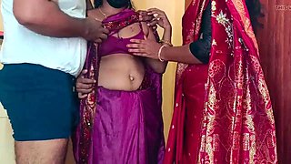 Sisters enjoying threesome romance in bed with neighbour batchelor men