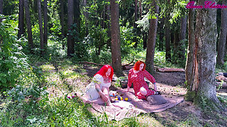 Girlfriends on a picnic licking each other's. The first lesbian sex.