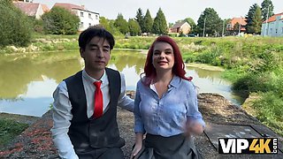 Vip4k. sexy red haired Miss Olivia showed her crimson underwear and banged in public in front of her boyfriend