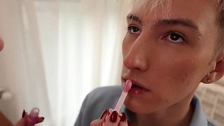 Stepdad fucks slut and fem twink in threesome, cums in her mouth