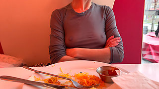 Having lunch in a restaurant wearing totaly sheer top exposing my pierced nipples and sexy boobs