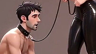 Tall Latex Blonde Leads Her Collared Man by the Leash - Foot in His Mouth
