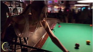 Braless Tits And Pussy Exposed At The Pool Hall!