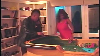 Redhead and brunette busty ebony chicks are blowing cock and getting their asses fucked