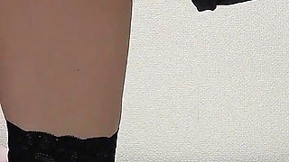 Inside Girls' Apartment Room, Japanese Girl in No Bra Sexy Mini Dress, Micro Thong Panties, and Black Fishnet Stockings