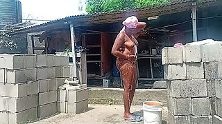 Sexy Black BBW Village Girl Outdoor Shower Twerking Saggy Tits