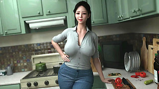 Japanese Stepmom Showing Big Boobs Cleavage While She Cooking In Kitchen