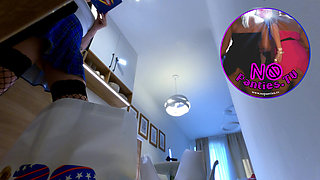 All Natural Big Tits Big Ass Hottest Brunette Babe in the Kitchen with a Short College Uniform Skirt Flashes Panties and Pussy
