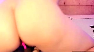 Busty curly brunette with big boobs fucks on couch