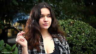 Sweet and Busty Russian Babe Smoking Cigarette in Nature