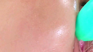 Ass Stretched with Big Dragon Toy and Pussy Fucked with Sexmachine