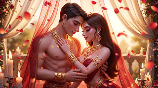 Hot chemistry of desi indian couple in the bedroom - Sexy girl with gold jewelry and muscular guy in full passion