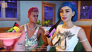 Blue-haired babe with big tits shares erotic stories while enjoying some PC gameplay