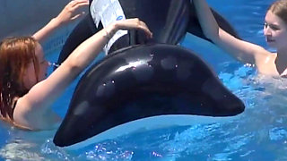 Lesbian Girls Are Having Fun in a Pool with an Inflatable Shark