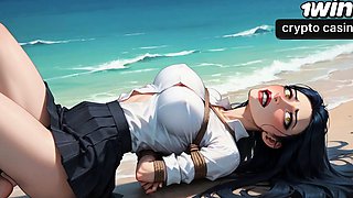 A sexy, hard-core beach honey is having an climax with