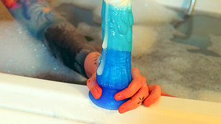 Soaked Tights, Wet Bodysuit: My Bath Footjob with a Cum-pumping Dildo