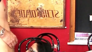 German hot milf gets fucked by young guys in restaurant and gets cum in mouth