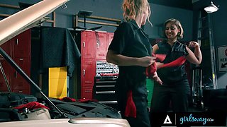 GIRLSWAY - Auto Shop Owners Tommy King  Octavia Red Blow Off Steam With Sweaty Strap-On Sex: Porn