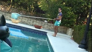 Passionate brunette delivers sensual outdoor pool pleasure with intense heat