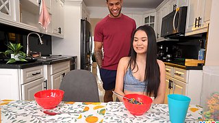Asian beauty Sakura Lin and hunky Mike Ox indulge in a steamy kitchen affair