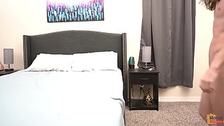 Busty sex-starving MILF fucks with a long-haired neighbor wearing sexy lingerie and stockings