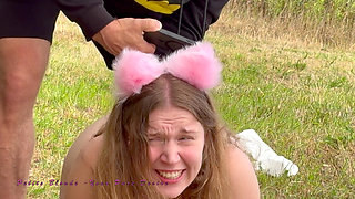 Girl Is Taken Out on a Leash by Master and Fuck Dildo in Pyssy with Anal Plug