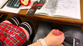 High Schoolgirl Stroking Him off in Math Class Under the Table. at College