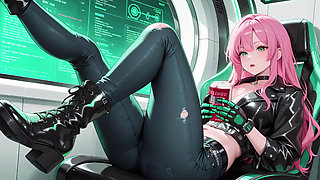 Pink-Haired Leather Tech! Private vibes in a neon-lit cyber corridor.
