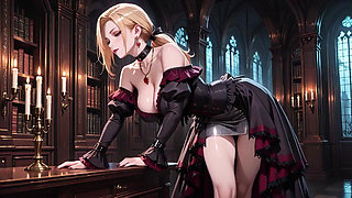 Blonde in a Black Gown Swaying on Red Velvet, Candlelight Gaze and Fan Teasing the Collarbone