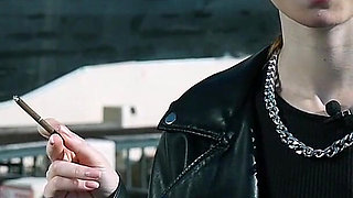 Young Russian Woman Smoking Cigarette Outdoor Terrace