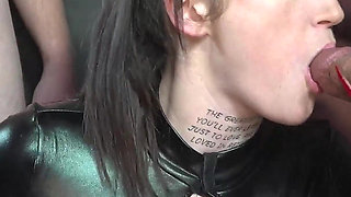 Tattooed Babe Deepthroating a Group of Hard Dicks