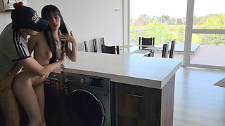 His Stepsister Needs Help with the Washing Machine, He Helps Her Undress and Fucks Her Tight Jeans