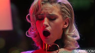 Hot asian girl gets her pussy fucked by her blonde bestie with a strap-on