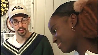 Chocolate skin babe gets hardcore threesome with two white dicks