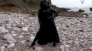 Gas Mask Goddess - Rubber Wetsuit & Pvc Mac Beach Tease