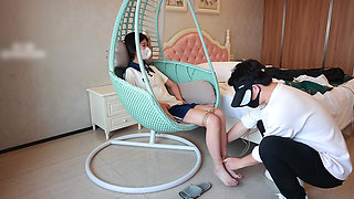 Barefoot College Student Girlfriend, Feet Suspended with Ropes, Hands Handcuffed