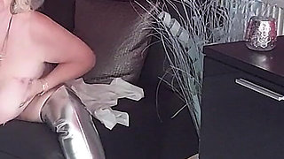 Granny Slut in Shiny Boots Teases Massive Tits Exposed