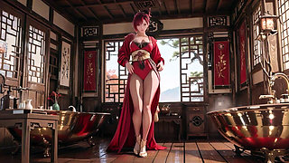 Red-haired Goddess in Oriental Seduction! the Ultimate Contrast Between the Chinese Pavilion and the Pristine White Bathroom.