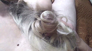 Hairjob blonde plays with cock ,MILF hair cum on his head