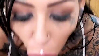 Tattooed Janey Doe POV no hands cum swallow blowjob