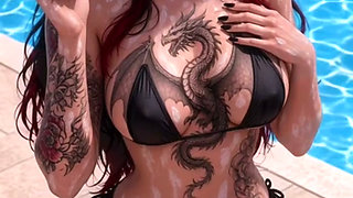 AI generated anime smoking fetish alt goth tattooed topless pool side outdoor tease flirt