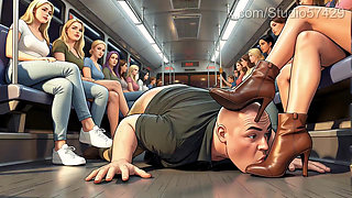 Shoe Pervert Licks Women's Shoes on a Crowded Bus