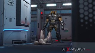 3d monster plays with a young woman in the Mars base camp