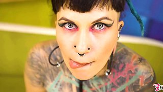 Punk queen taunts little boobs & nipples then takes aggressive doggystyle, dripping facial