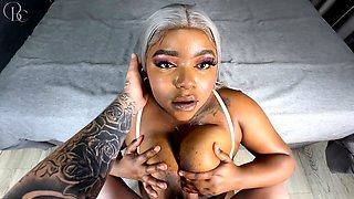 Gasping for air during a messy blowjob from a busty beauty