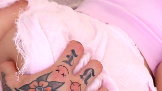 Cute Ashby Winter in Pink Loses Control From Deep Sex with Sam Garro on the Bed