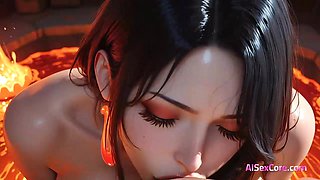 Lava glows as black hair queen fucks wild on fire bed & gets her ass soaked in messy AI cum