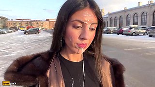 Katty West Braves Public Nudity Walk with Strangers Thick Sperm Drenching Her Face in Crowded Spot